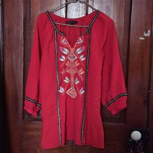 Calessa Embroidered Split Neck Tunic Boho Red Embroidered Top Womens Large